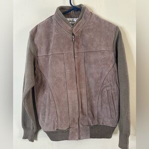 VTG Split Skin Sweater Jacket M Brown Suede Bomber Knit Full Zip Hipster Retro